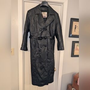 Vintage Black Leather Double-Breasted Trench Coat with Belt